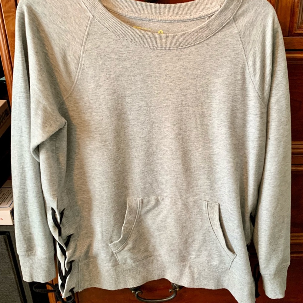Xersion crew neck ladies grey Sweatshirt with lace up sides and front pocket